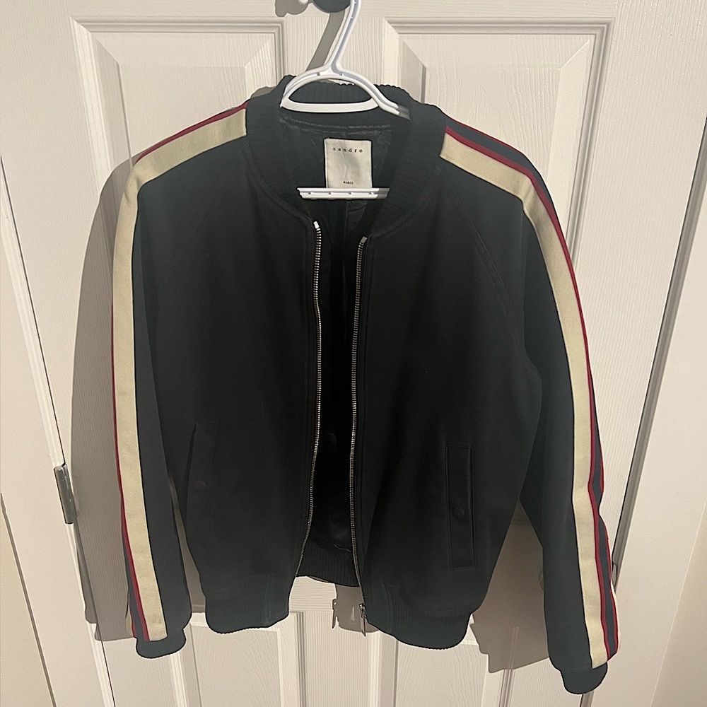 Sandro Black Bomber Jacket with Striped Sleeves - Size Large